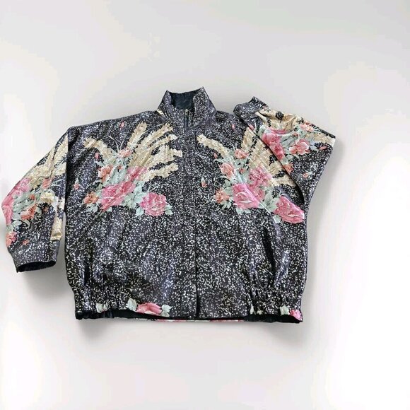 Hanarum Jacket Womens OS Reverisble Black Floral Zip Satin Shimmer VTG Boho Goth - Picture 8 of 14